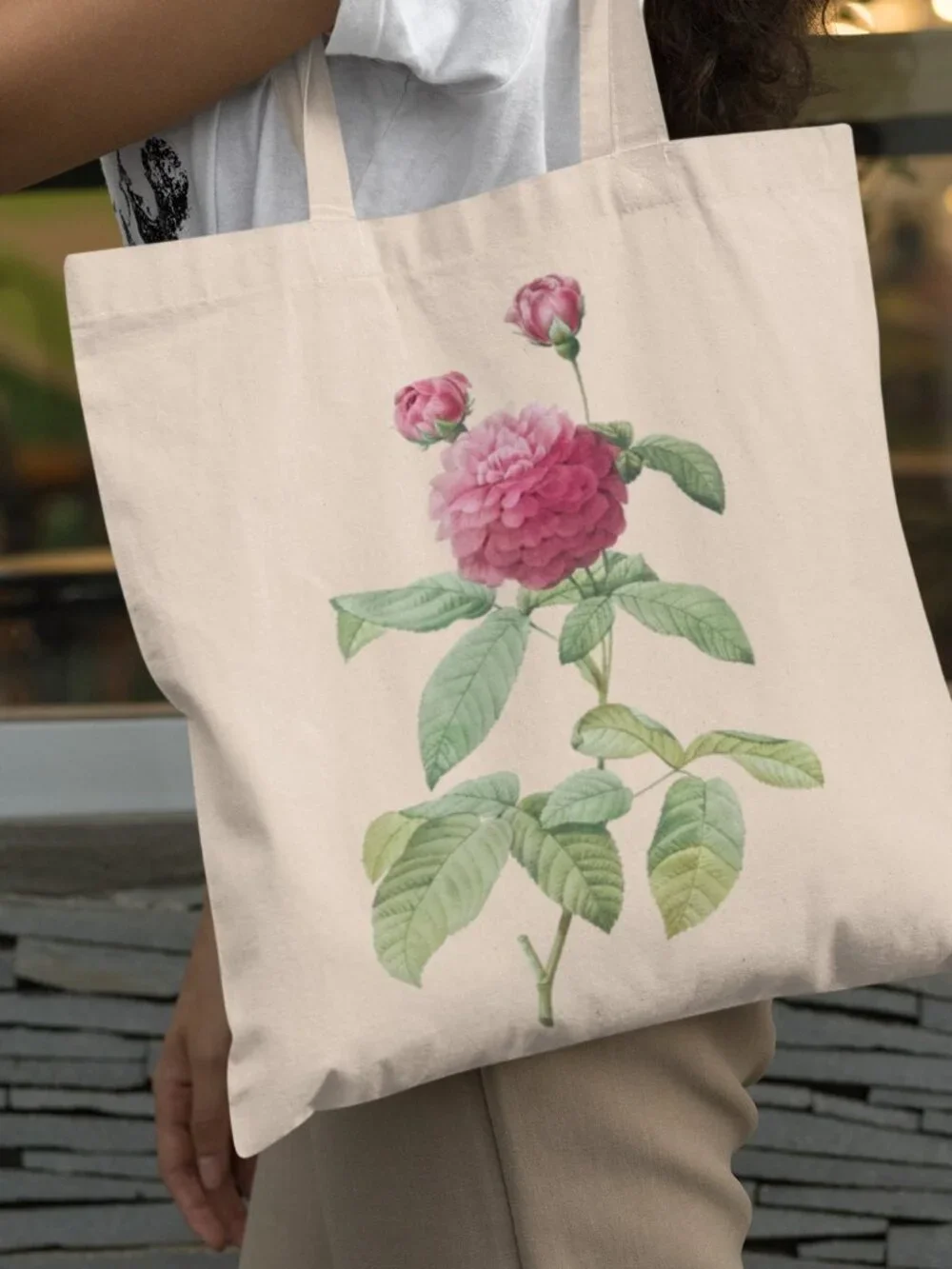 French Rose Vintage Floral Print Graphic Canvas Tote Bag